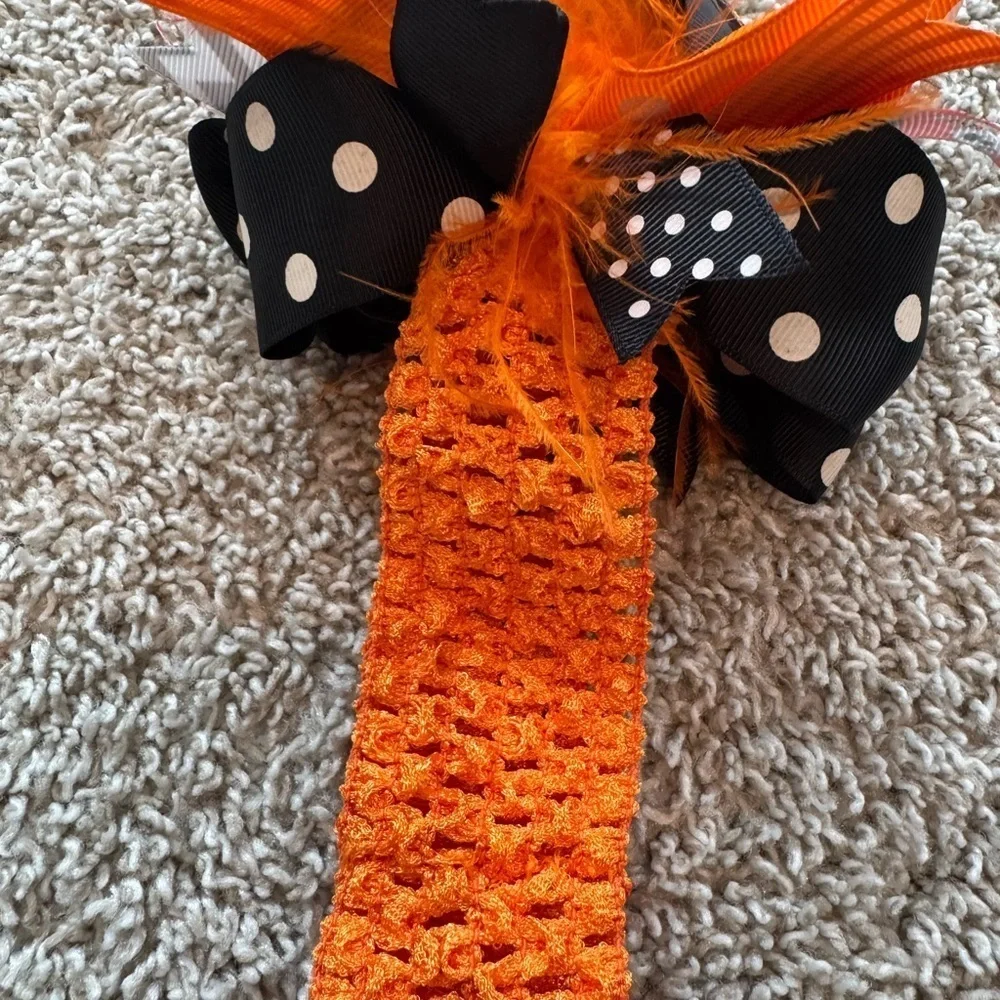 Baby girls halloween headband Orange and Black Hair Bow with Feathers festive